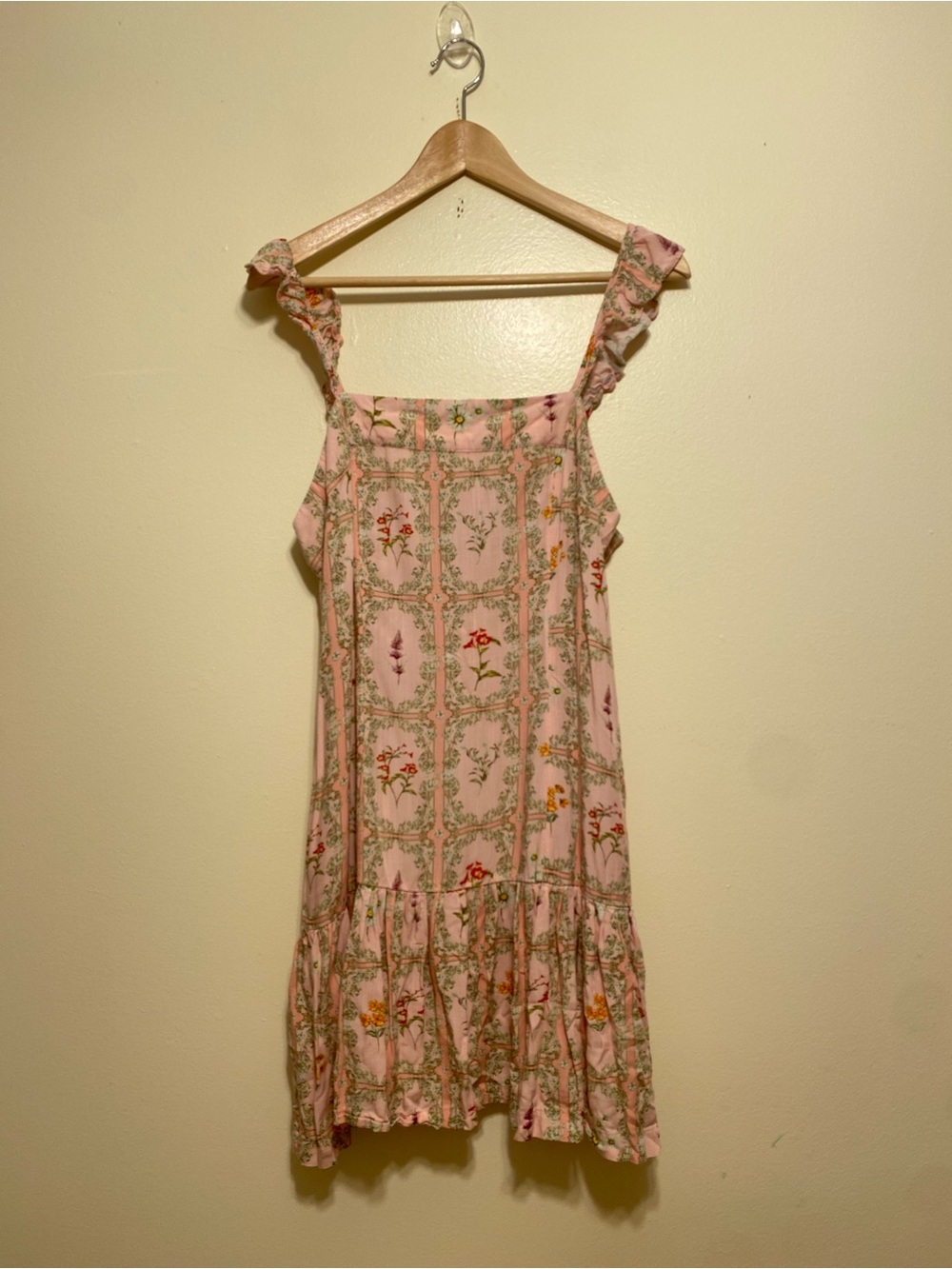 Agua Bendita Target Pink Floral Ruffle-Shoulder Mini Dress. Size L